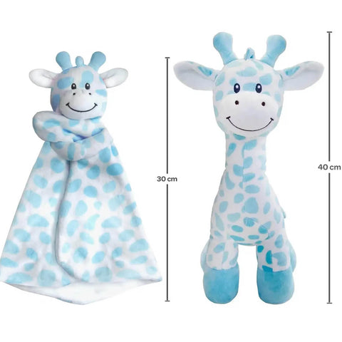 Girafa Bicho de Pelúcia 40cm e Naninha Buba Azul Paninho de Dormir 30cm