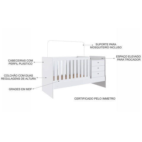 Berço Cama Multifuncional sem Auxiliar Branco Completa Móveis