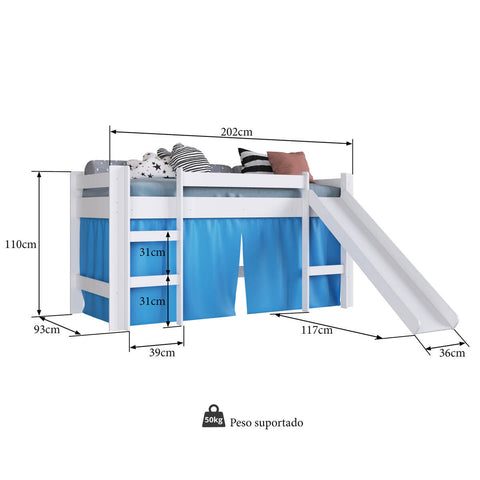 Cama Infantil com Degrau e Escorregador Branca, Cortina Azul