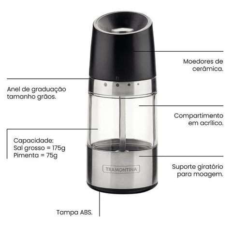 Moedor de Sal Grosso Pimenta Temperos Especiarias Tramontina Realce Manual Aço Inox Acrílico