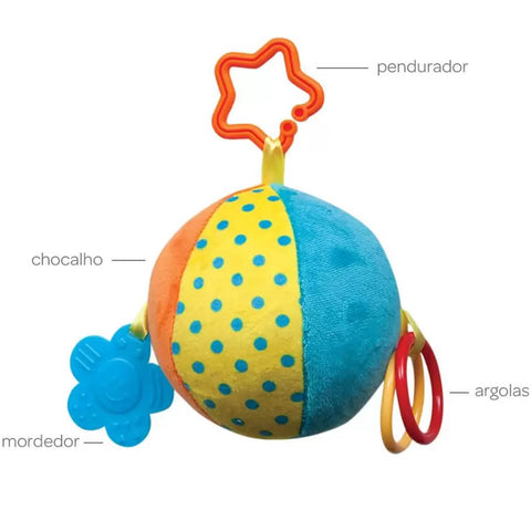 Bola Plush Buba com Chocalho e Mordedor para Bebê +4m Brinquedo Sonoro Infantil Colorido