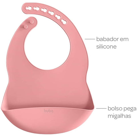 Babador de Silicone Buba com Bolso Pega-Migalhas Rosa Babeiro Impermeável +3m Infantil