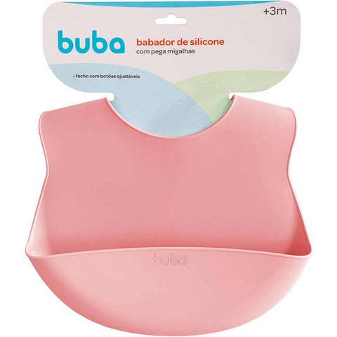 Babador de Silicone Buba com Bolso Pega-Migalhas Rosa Babeiro Impermeável +3m Infantil