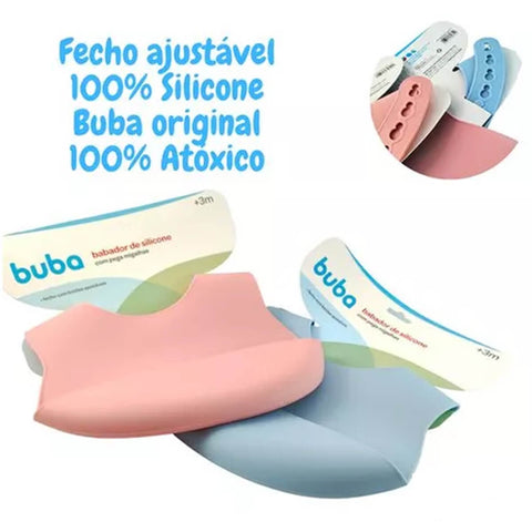 Babador de Silicone Buba com Bolso Pega-Migalhas Rosa Babeiro Impermeável +3m Infantil