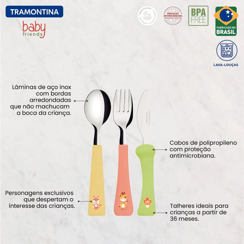 Kit Infantil Alimentação Pote Prato Talher Tramontina Baby Friends Plástico 5 Peças Colorido