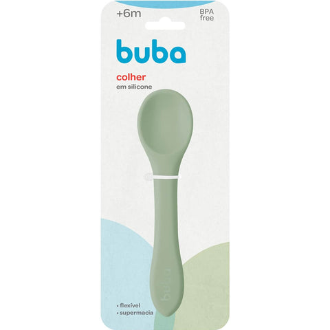 Colher de Silicone para Bebê Buba Verde Introdução Alimentar +6m de Treinamento Flexível