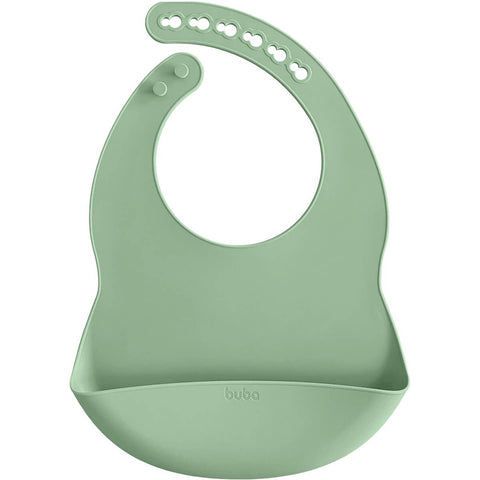 Babador de Silicone Verde Bebê Buba +3m com Bolso Pega-Migalhas Impermeável