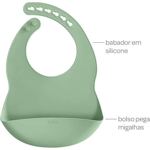 Babador de Silicone Verde Bebê Buba +3m com Bolso Pega-Migalhas Impermeável
