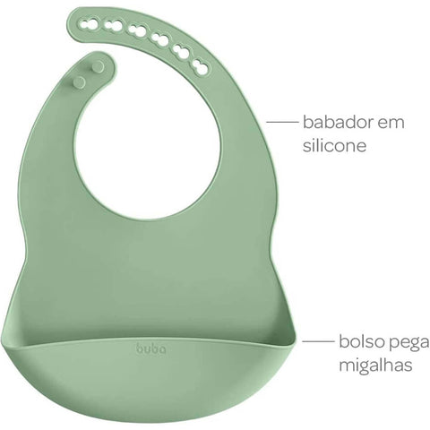 Kit Introdução Alimentar Silicone Buba Verde +6m Bowl Colher Babador Impermeável