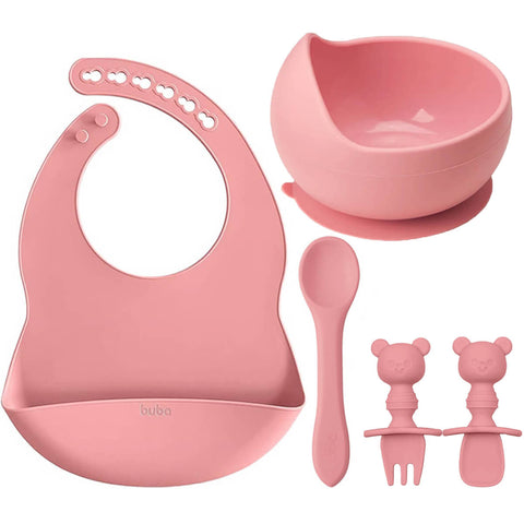 Kit Introdução Alimentar Silicone Buba Menina Rosa Babador Bowl Talheres de Treinamento