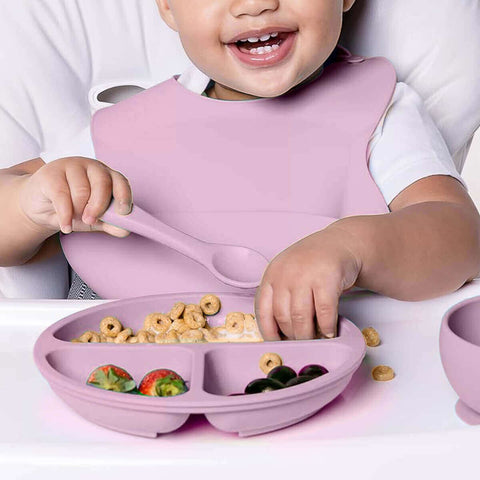 Kit Introdução Alimentar Silicone Buba Menina Rosa Babador Bowl Talheres de Treinamento