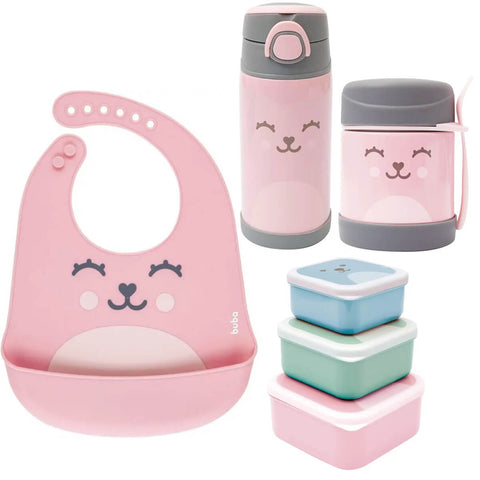 Kit Introdução Alimentar Gumy Buba Rosa Babador Potes Garrafa e Pote Térmico