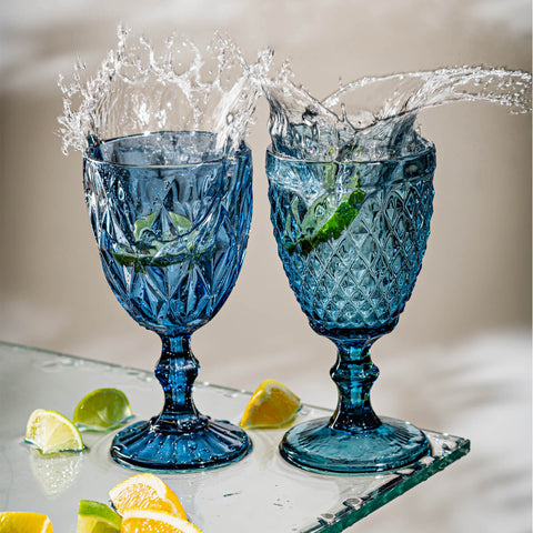 Jogo Conjunto de Taças de Vidro 6 peças Bico de Abacaxi Lyor para Água e Suco 325ml Azul