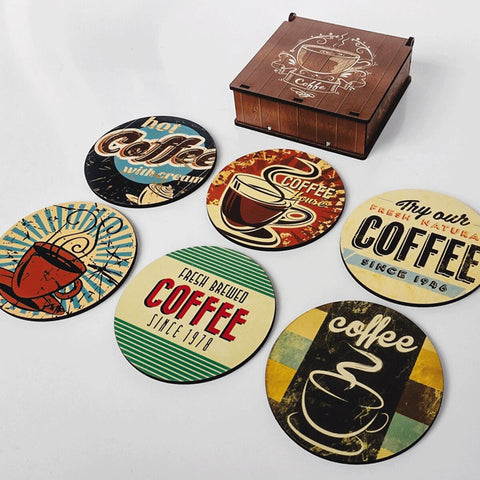 Porta Copos e Xícaras em MDF Coffee 6 Descansos com Caixinha Artesanal Personalizados