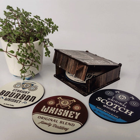 Portas Copos em MDF Whiskey 6 Suportes Descansos Personalizados com Caixinha Artesanal