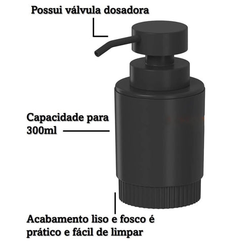 Porta Sabonete Líquido Preto Dórica com Válvula 300ml Dispenser para Sabonete Ou