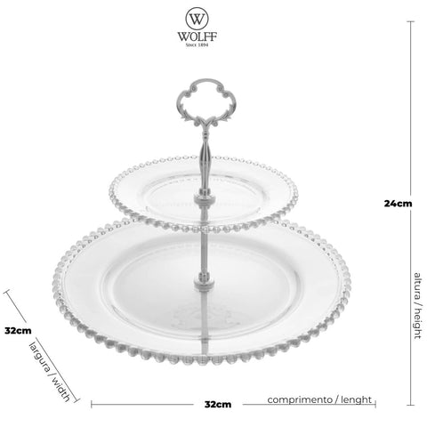 Prato Duplo Wolff Pearl de Cristal 2 Andares Porta Doces 32cm Cupcake Petiscos Incolor