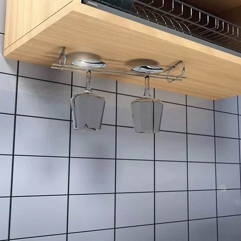 Porta Taças Cromado Reto 40cm Suporte Suspenso Organizador de Armário Bar e Cozinha