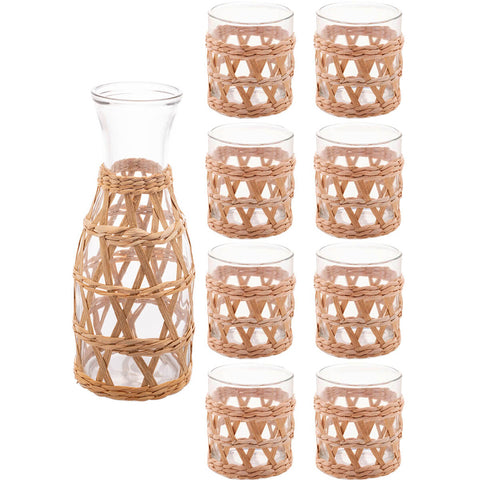 Kit 8 Copos Baixos 320ml Garrafa de Vidro 800ml Wolff Sisal Decorados para Mesa Posta Rústica