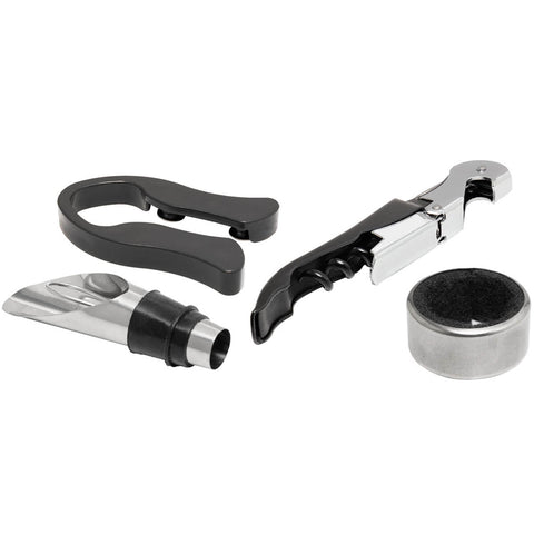 Kit de Acessórios para Vinho 4 peças Lyor em Aço Inox Preto Profissional Saca Rolhas Bico Dosador