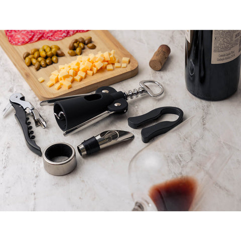 Kit de Acessórios para Vinho 4 peças Lyor em Aço Inox Preto Profissional Saca Rolhas Bico Dosador