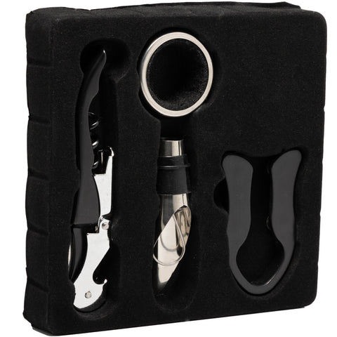 Kit de Acessórios para Vinho 4 peças Lyor em Aço Inox Preto Profissional Saca Rolhas Bico Dosador