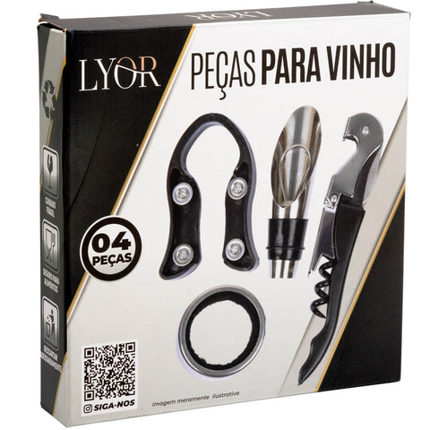 Kit de Acessórios para Vinho 4 peças Lyor em Aço Inox Preto Profissional Saca Rolhas Bico Dosador