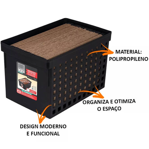 Caixa Arquivo Preto Largo para Pastas Suspensas Office Ordene com Furação 27x42cm