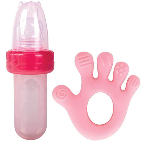 Kit Porta Frutinhas e Mordedor de Silicone Textura Rosa Buba Colher Dosadora Bico Sugador