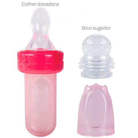 Kit Porta Frutinhas e Mordedor de Silicone Textura Rosa Buba Colher Dosadora Bico Sugador