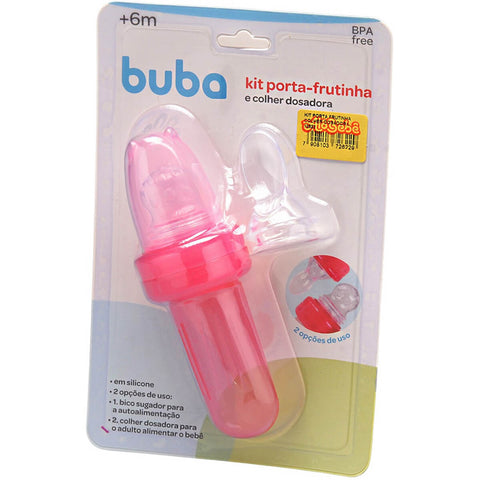 Kit Porta Frutinhas e Mordedor de Silicone Textura Rosa Buba Colher Dosadora Bico Sugador