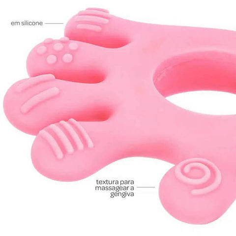 Kit Porta Frutinhas e Mordedor de Silicone Textura Rosa Buba Colher Dosadora Bico Sugador