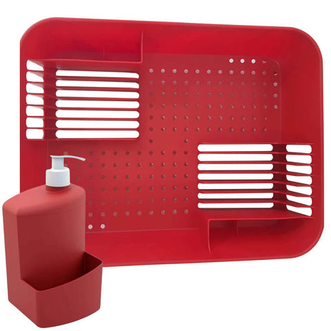 Kit Organizador Pia de Cozinha Escorredor de Louça e Porta Detergente 700ml Utility Vermelho