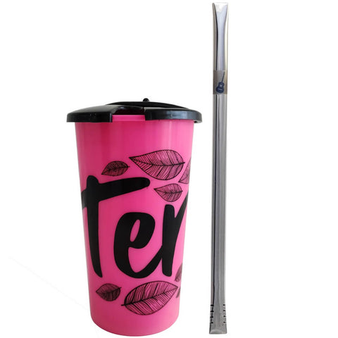Copo 450ml de Tererê Rosa com Tampa e Bomba 21m Sem Bojo Aço Inox Estampa Violão para Chimarrão Gelado