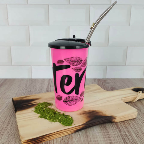 Copo 450ml de Tererê Rosa com Tampa e Bomba 21m Sem Bojo Aço Inox Estampa Violão para Chimarrão Gelado