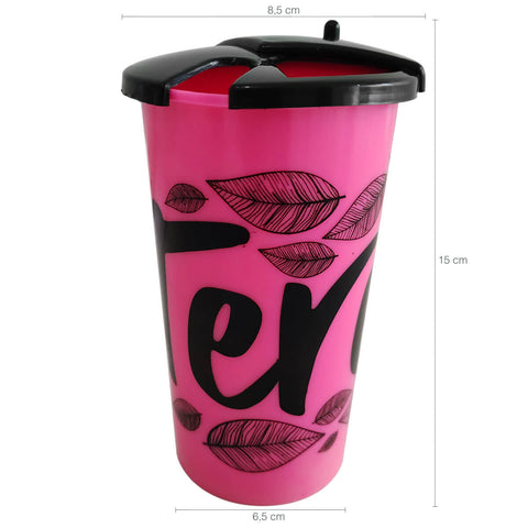 Copo 450ml de Tererê Rosa com Tampa e Bomba 21m Sem Bojo Aço Inox Estampa Violão para Chimarrão Gelado