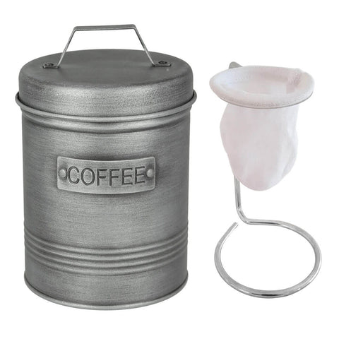 Kit Mini Coador de Café Cromado com Filtro e Lata Coffee com Tampa Hermética 1,5L Grafite