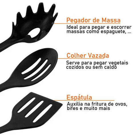 Kit Frigideira Antiaderente 700ml e Jogo de Utensílios 6 Peças Utily em Nylon Superflon Ultra Cristal MTA Cereja