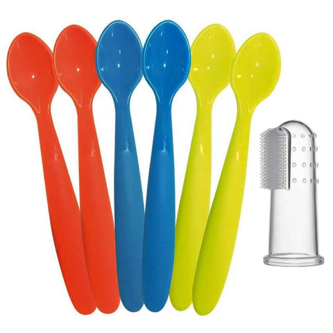 Kit 6 Colheres Coloridas e Massageador de Gengiva Bebê Encaixe Dedo com Case Transparente Buba Introdução Alimentar