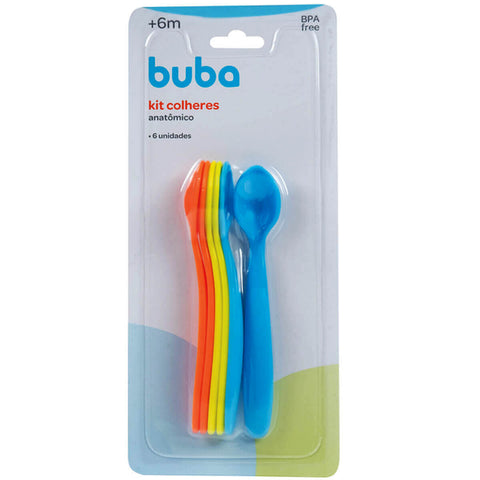 Kit 6 Colheres Coloridas e Massageador de Gengiva Bebê Encaixe Dedo com Case Transparente Buba Introdução Alimentar