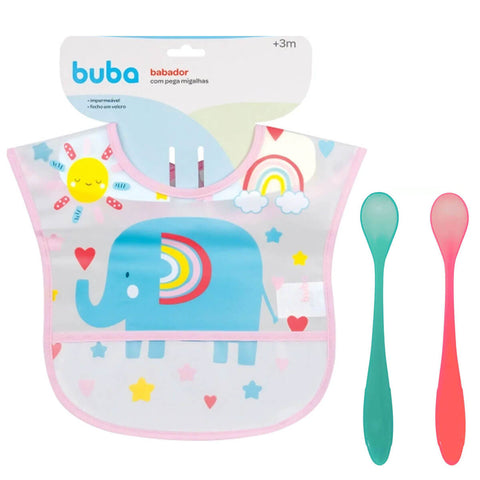 Kit Introdução Alimentar Buba Babador Impermeável e 2 Colheres Termossensíveis Coloridas