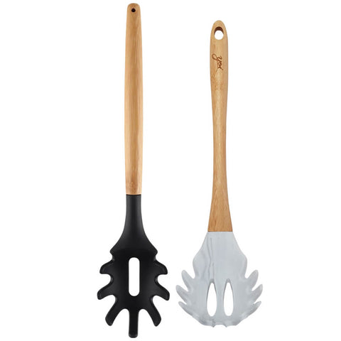 Conjunto 2 Pegadores de Macarrão em Silicone e Bambu Yoi Preto e Branco Marmorizado Utensílios Cozinha