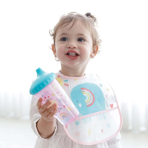 Conjunto Buba Prendedor de Chupeta e Babador com Bolso Porta-Migalhas Bebê Colorido Elefante