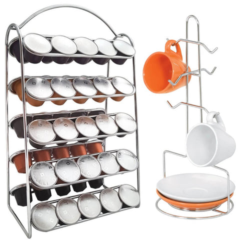 Conjunto Porta Xícaras Pires e Suporte Porta 50 Cápsulas Café Nespresso aramado Bancada Cromado