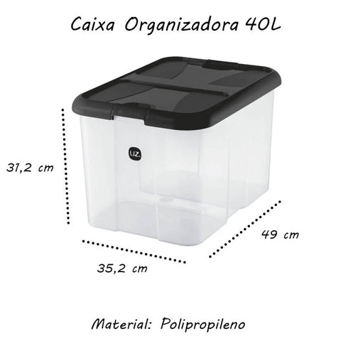4 Caixas Organizadoras com Tampa 40L Plástico Uz Grande Empilhável com Travas Laterais