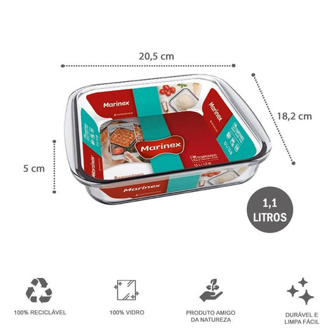 Conjunto Assadeiras Quadrada 1,1L e Travessa Refratária Retangular 2,2L em Vidro Temperado Transparente Marinex