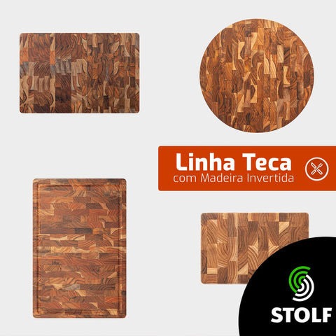 Kit 2 Tábuas de Corte Madeira Teca Churrasco Frios Redondas 35,5cm Rústica Supreme Stolf
