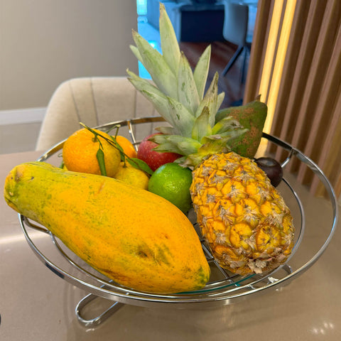 Fruteira Redonda de Mesa Cromada Vidro Giratória Giosul Cesto para Frutas Legumes Aramado Piatina