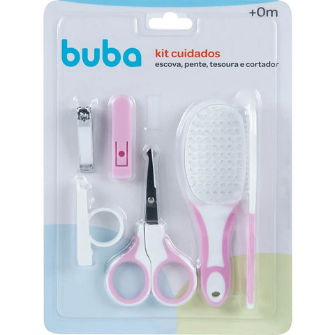 Kit Cuidados Bebê Buba Rosa Cortador de Unha Tesoura Pente Escova Cabelo Higiene