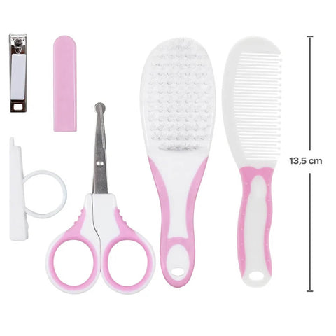 Kit Cuidados Bebê Buba Rosa Cortador de Unha Tesoura Pente Escova Cabelo Higiene